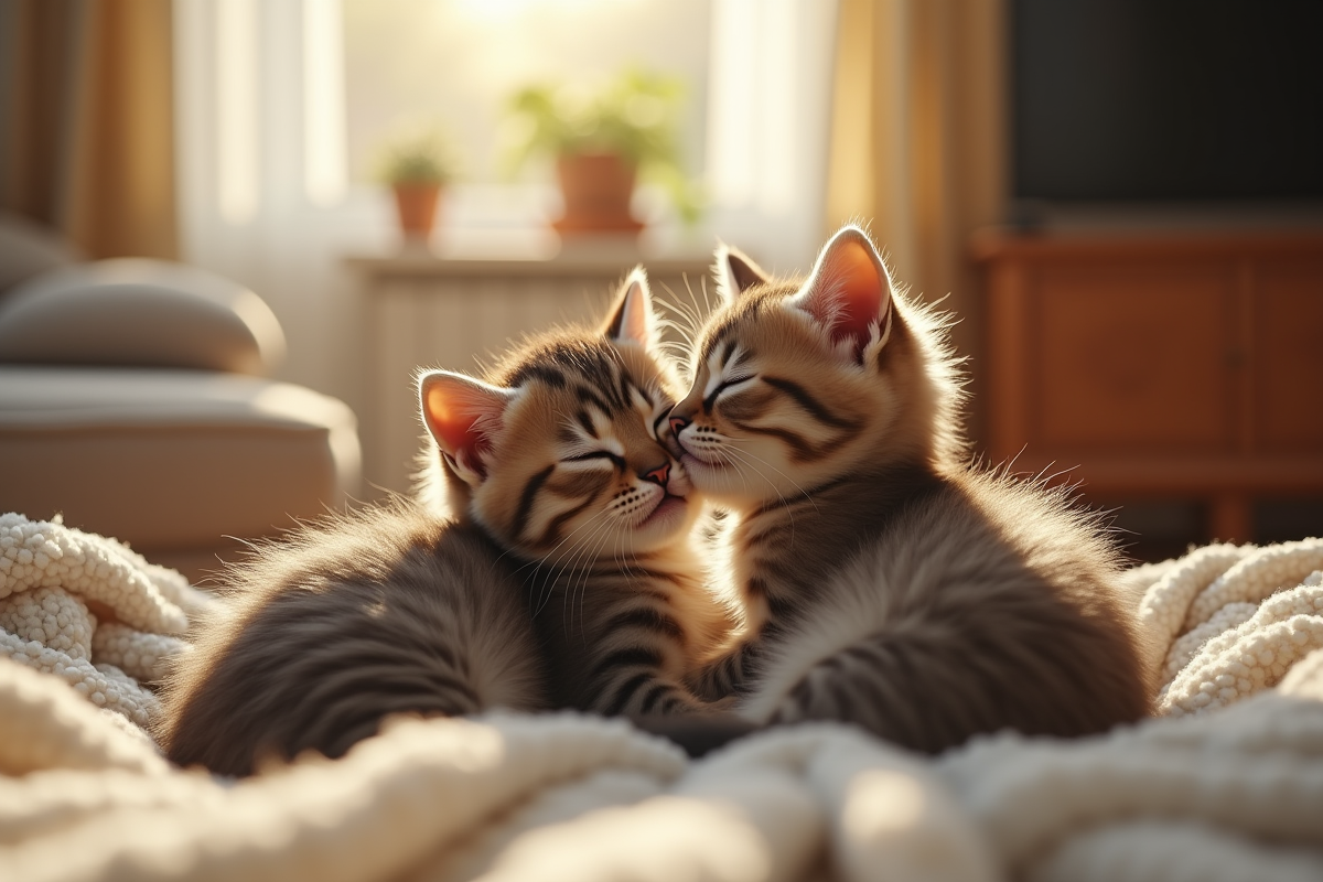 Deux chatons jouant dans un salon ensoleille