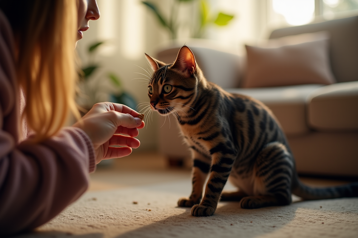 Personne donnant une friandise au chat Bengal en intérieur chaleureux