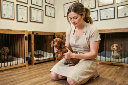 Éleveuse sérieuse tenant un chiot teckel nain roux dans un élevage certifié avec pedigrees visibles en arrière-plan