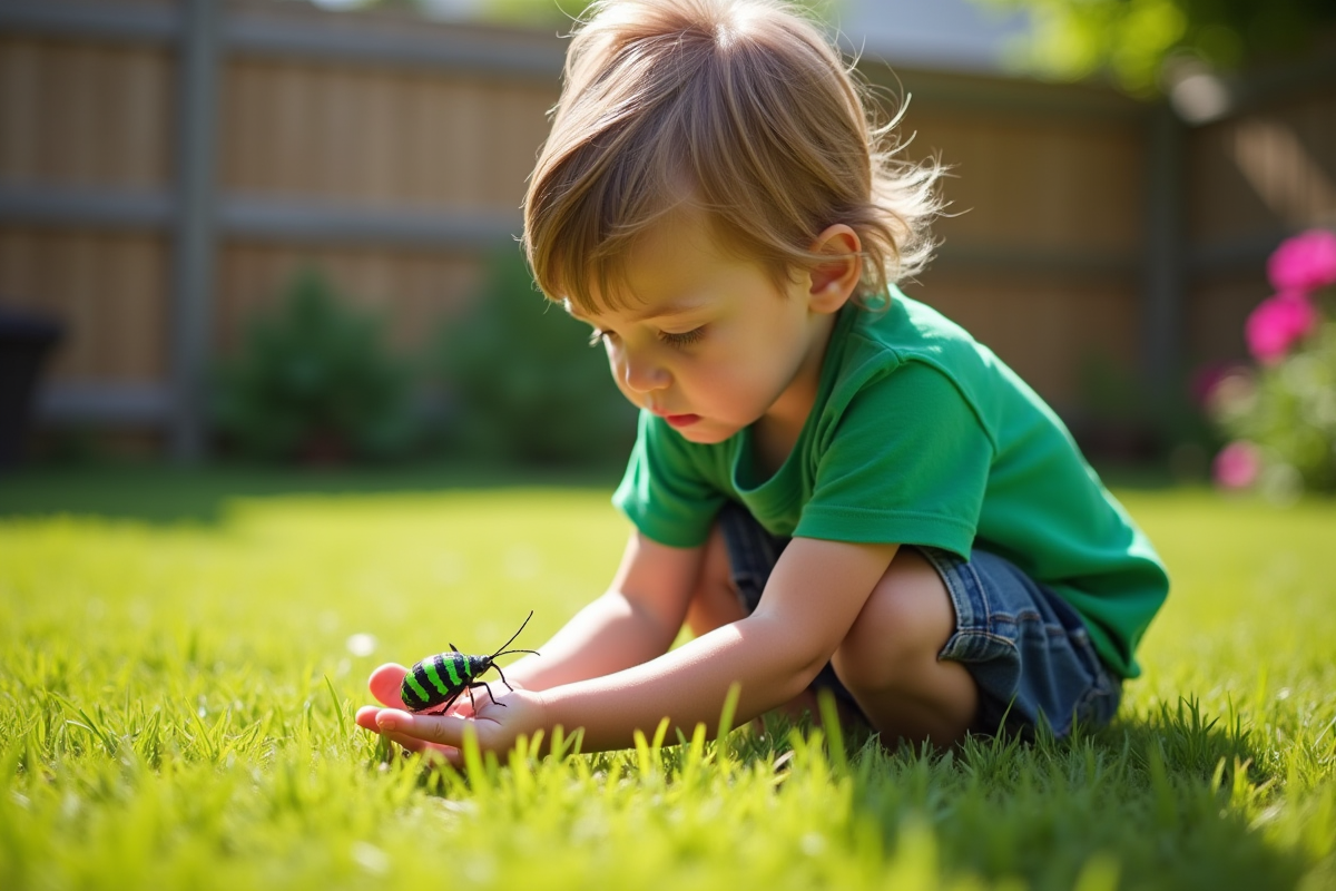 Enfant curieux observant un insecte vert sur sa main dans le jardin