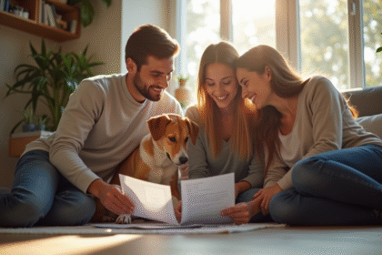 Famille heureuse avec leur chien et documents d'assurance