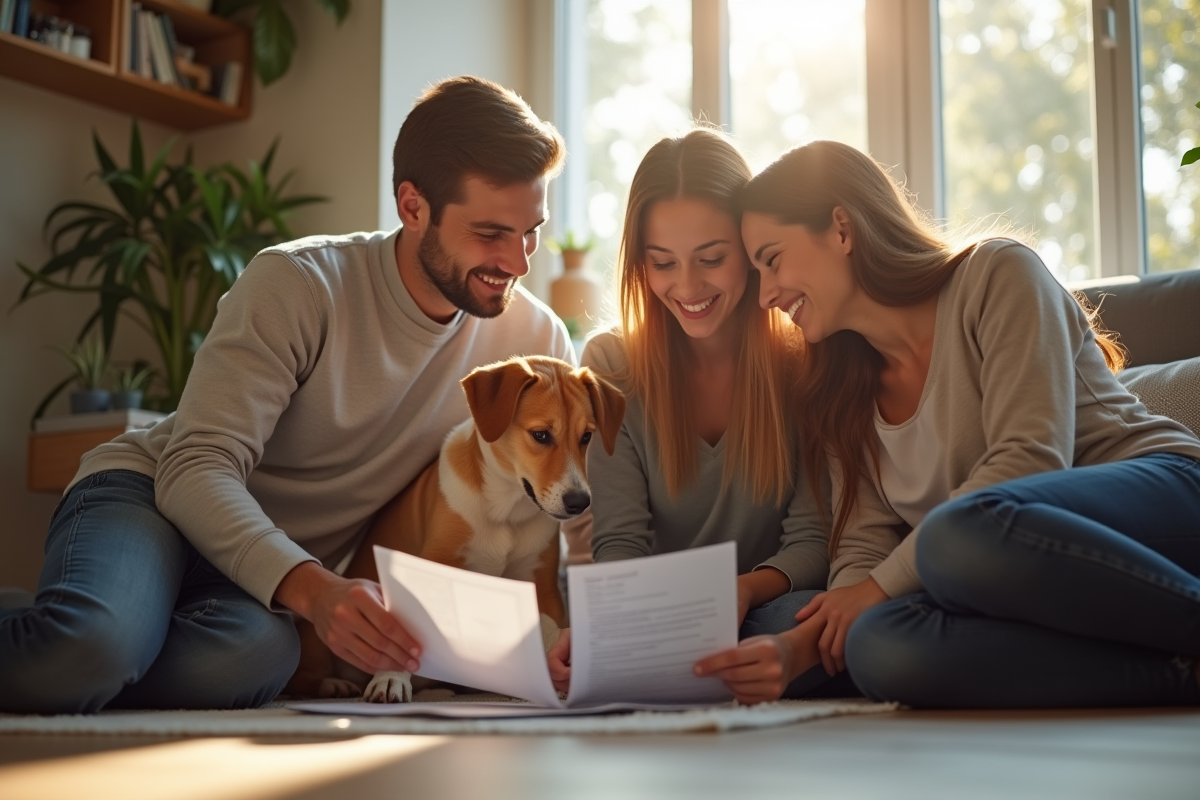 Famille heureuse avec leur chien et documents d'assurance
