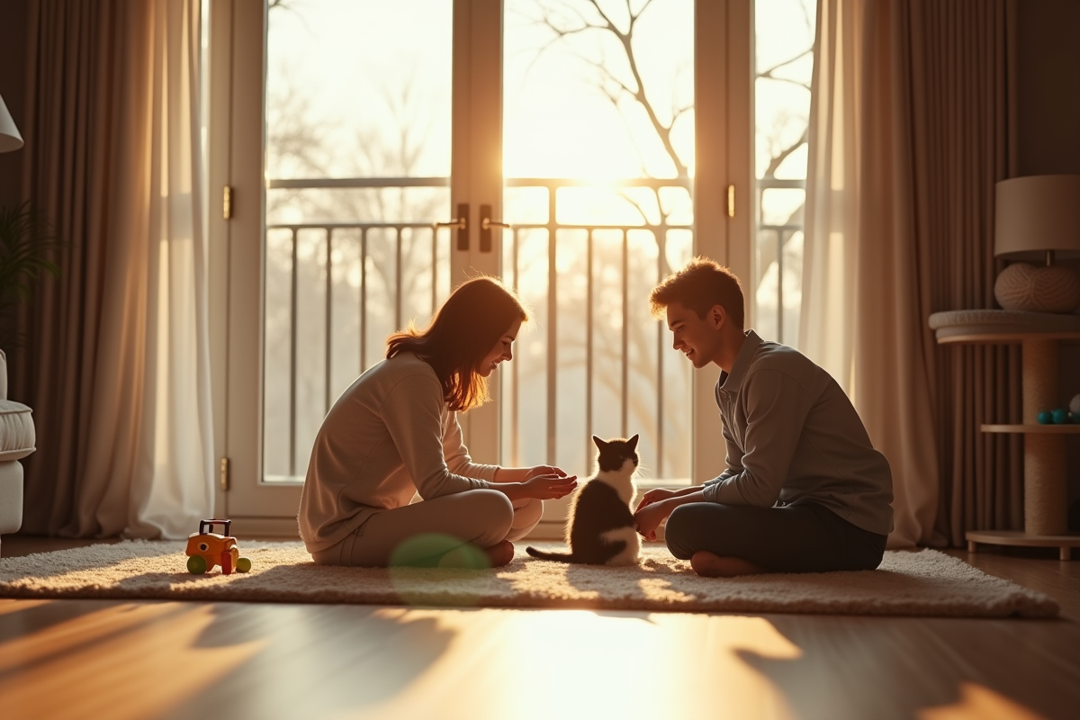 Famille jouant avec leur chat dans le salon lumineux