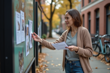 Femme affichant une affiche pour un chat perdu dans la rue