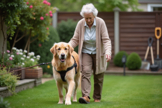 Femme âgée soutenant son chien golden retriever dans le jardin