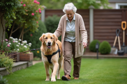 Femme âgée soutenant son chien golden retriever dans le jardin