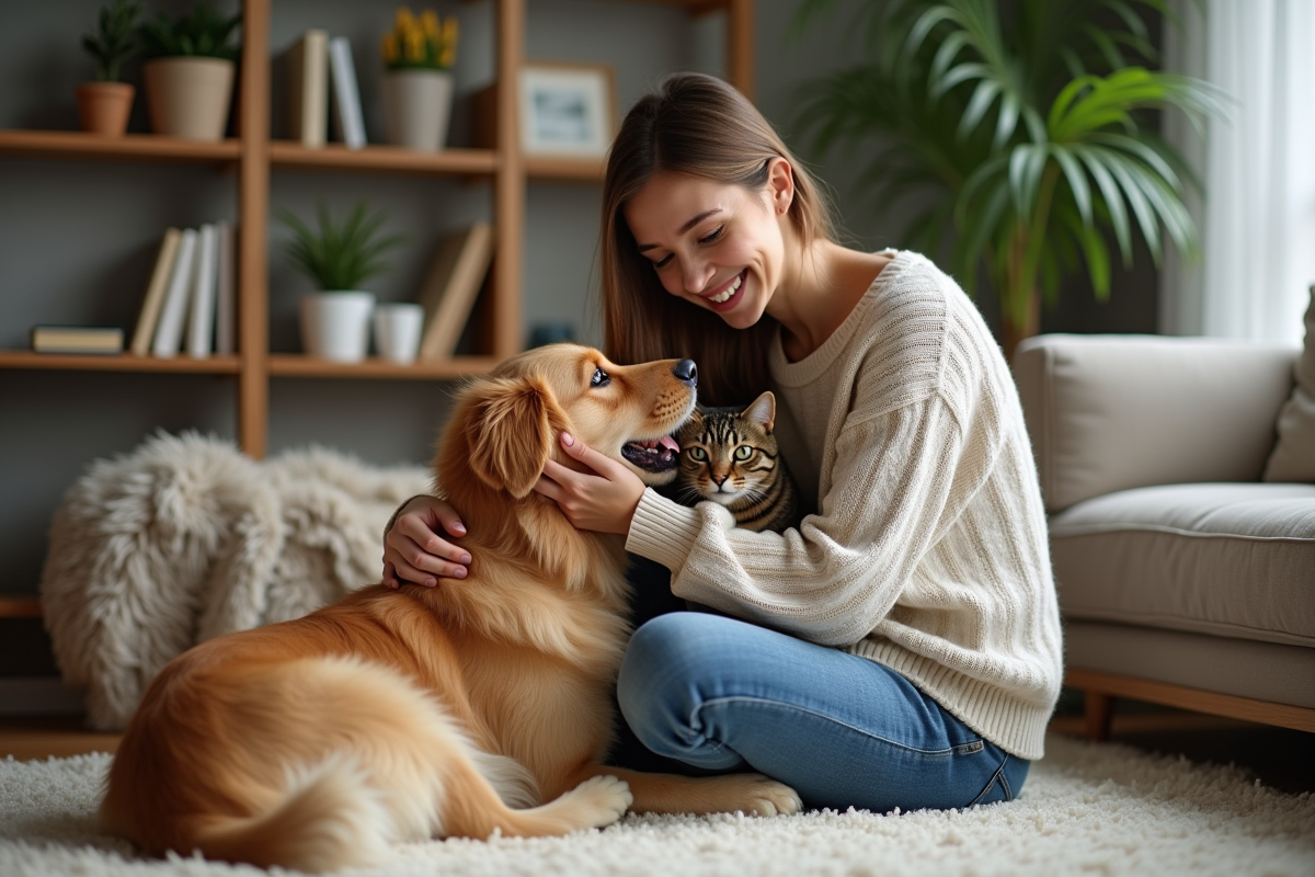 Jeune femme jouant avec un chien et un chat dans un salon chaleureux