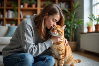 Jeune femme caressant son chat roux dans un salon chaleureux