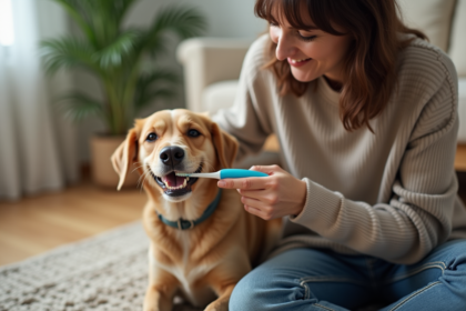 Femme brossant doucement les dents de son chien dans le salon