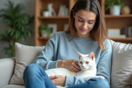 Jeune femme caressant un chat Bengal blanc sur son fauteuil