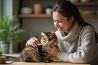 Jeune femme brossant un chat tigré dans la cuisine chaleureuse
