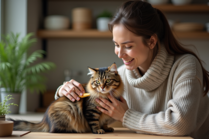 Jeune femme brossant un chat tigré dans la cuisine chaleureuse