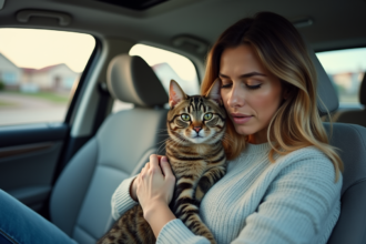 Femme calme avec chat nerveux dans la voiture