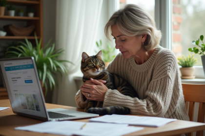 Femme détendue avec son chat dans la cuisine chaleureuse