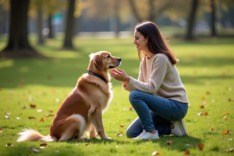 Femme avec chien dans un parc ensoleille