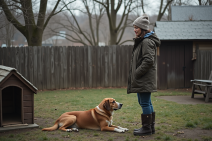 Femme inquiète regardant un chien seul dans le jardin