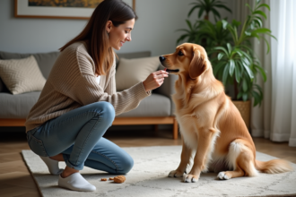 Femme en jeans avec un chien golden retriever dans un salon cosy