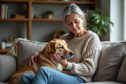 Femme assise avec son chien malade dans un salon chaleureux