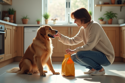 Femme caressant un chien dans une cuisine lumineuse