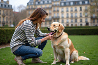 Jeune femme attachant une médaille à son chien dans un parc parisien