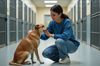 Jeune femme caressant un chien dans un refuge animalier