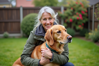 Femme caressant un golden retriever dans un jardin paisible