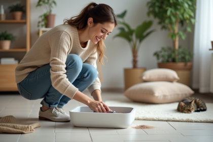 Femme souriante nettoyant la litière de chat dans un salon cosy