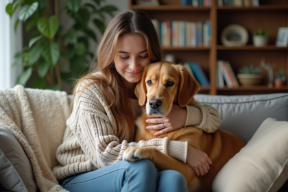 Femme et chien golden retriever dans un salon paisible