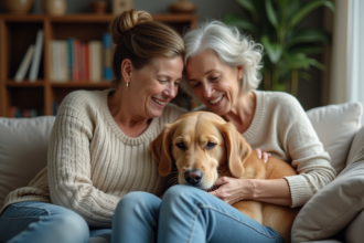 Femme réconforte son chien golden retriever dans un salon chaleureux