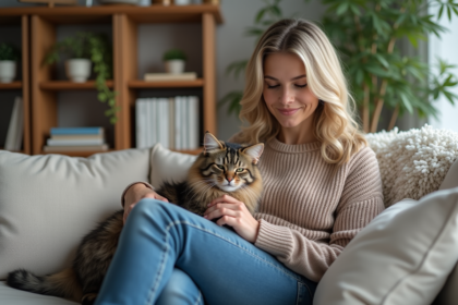 Femme en pull laine et jeans caressant un chat dans un salon lumineux