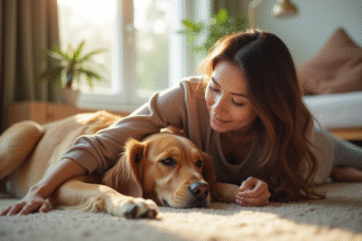 Jeune femme relaxant avec un golden retriever dans le salon
