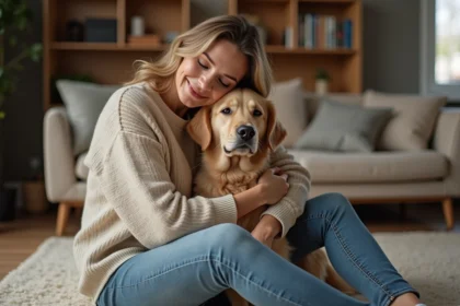 Femme assise avec un retriever doré dans un salon chaleureux