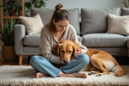 Femme assise avec son retriever dans un salon chaleureux