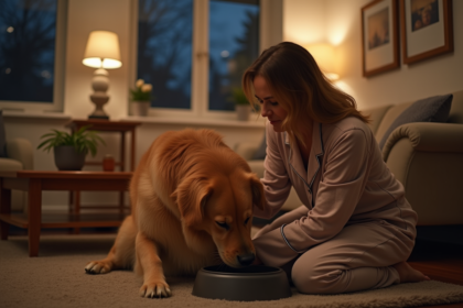 Femme en pyjama douce avec retriever doré dans un salon chaleureux