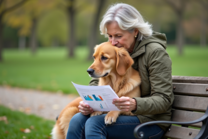 Femme assise avec son chien retriever dans un parc au printemps