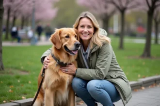 Femme d'âge moyen avec retriever dans un parc urbain