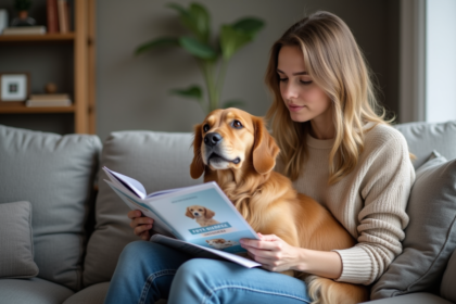 Femme avec chien golden retriever dans un salon cosy
