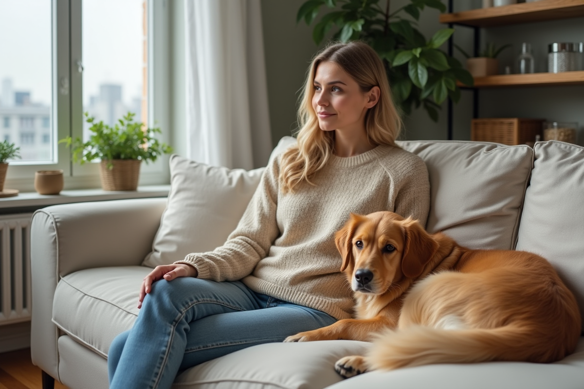 Jeune femme avec chien golden retriever dans un salon lumineux