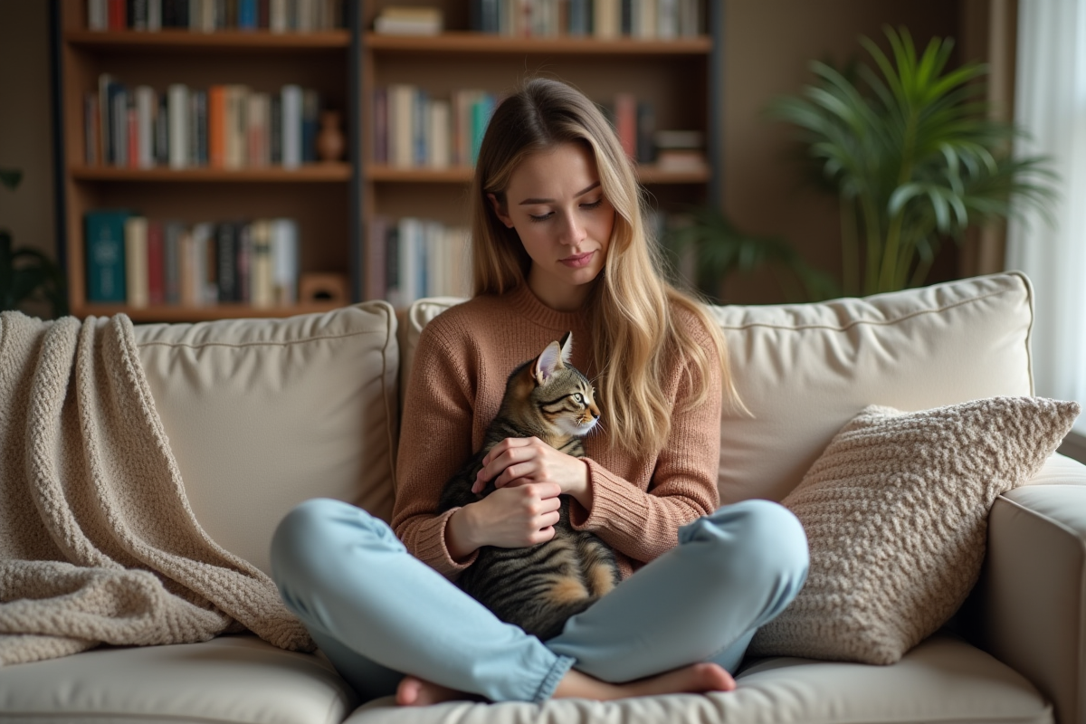 Jeune femme avec chat tabby sur un sofa beige