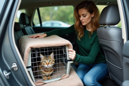 Femme déposant un chat dans une voiture pour voyager