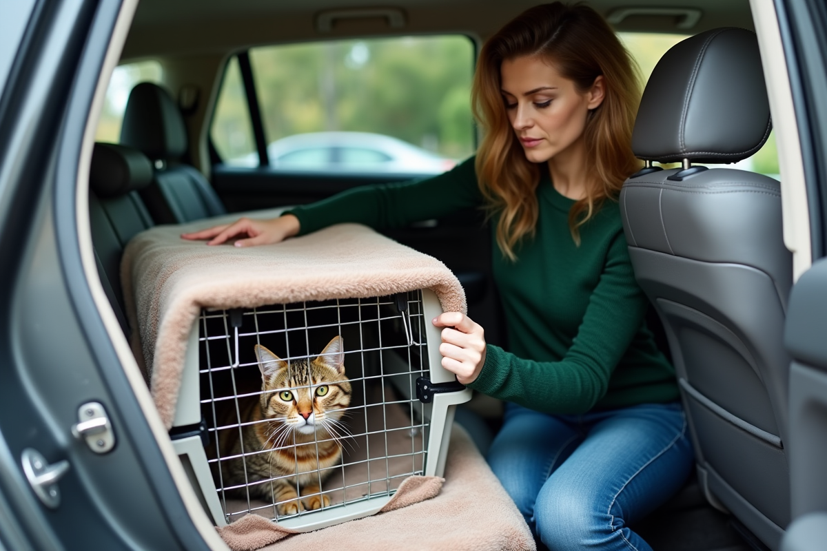 Femme déposant un chat dans une voiture pour voyager