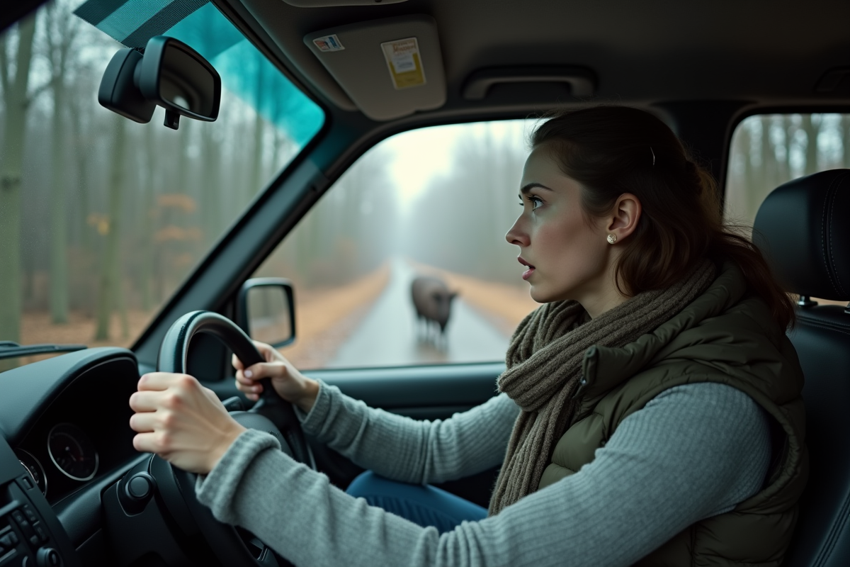 Jeune femme choquée dans sa voiture face à un sanglier sauvage