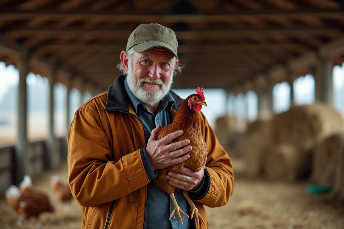 Fermier inspectant une poule dans un poulailler rustique