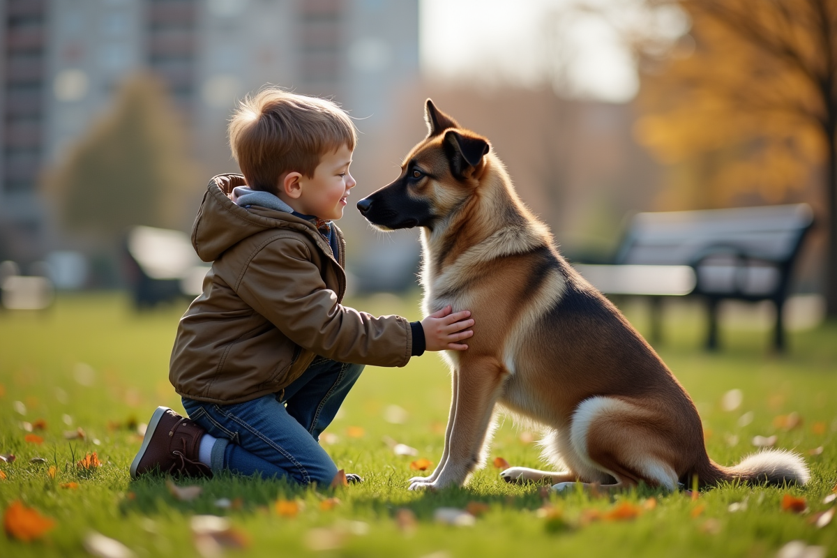 Jeune garçon et chien dans un parc urbain en automne