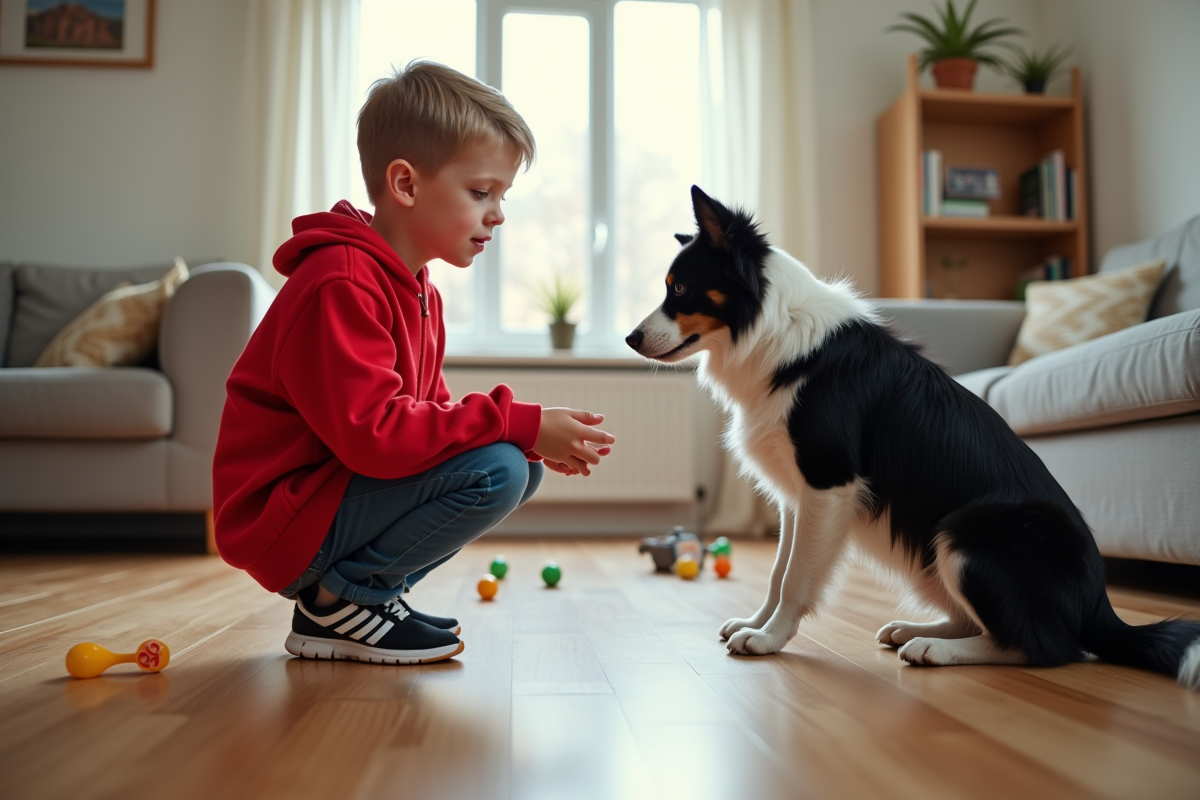 Garçon enseignant une commande à son chien dans le salon