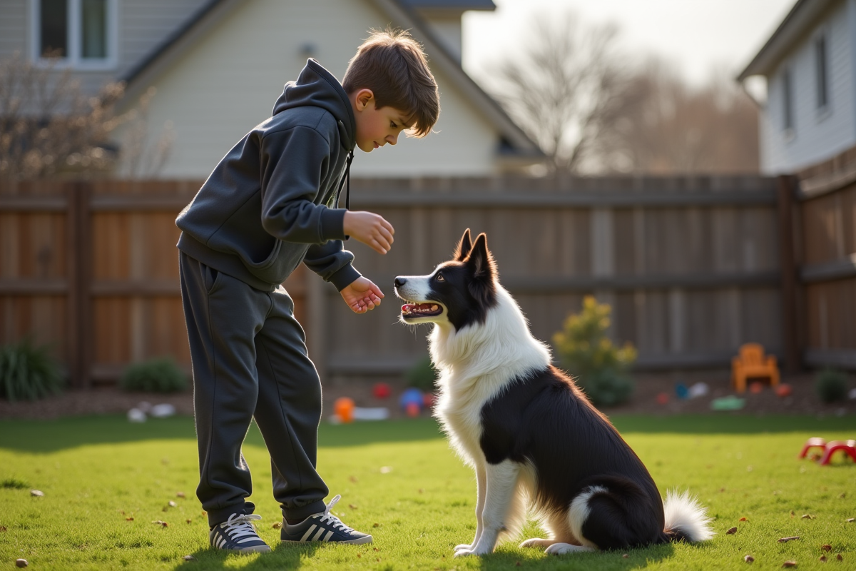 Adolescent guidant un border collie dans un jardin ensoleille