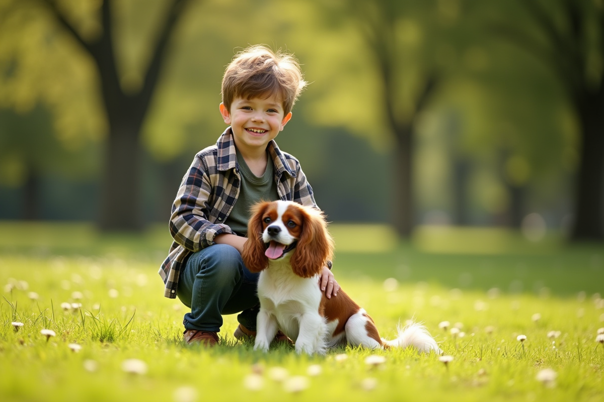 Garçon avec son chien cavalier dans un parc ensoleille