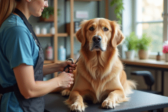 Golden Retriever en toilettage dans un salon propre et lumineux