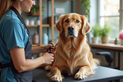 Golden Retriever en toilettage dans un salon propre et lumineux