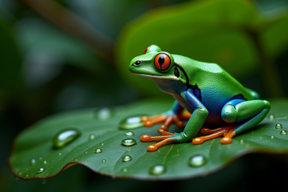 Grenouille verte et noire sur une feuille brillante en forêt tropicale